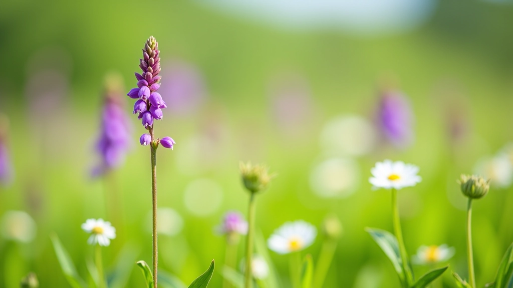 Close-up of wildflower details in meadow showing purple orchids and white clover with green foliage background