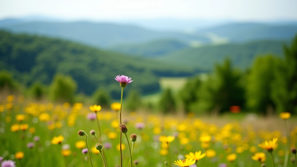 Elevated meadow viewpoint with rolling hills in distance, clear sky, mature forest backdrop, peaceful natural setting