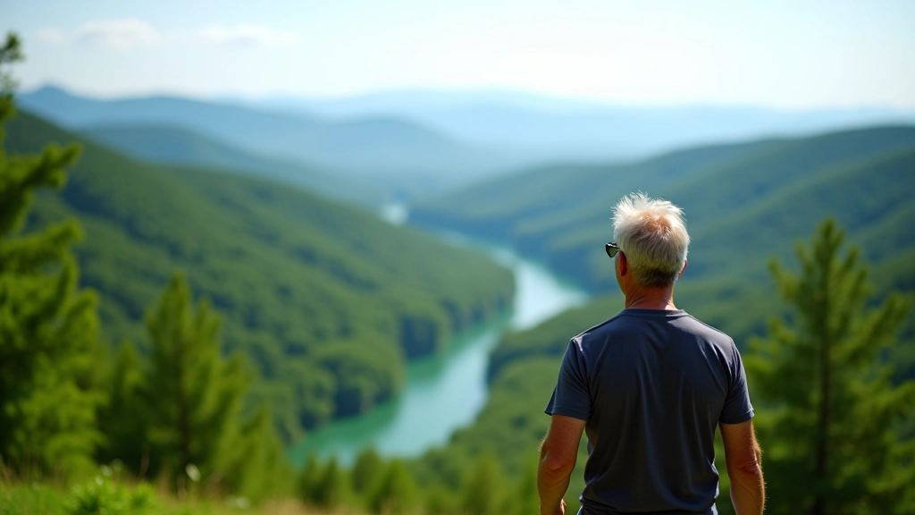 Elevated viewpoint overlooking forested valley with Dyje River winding through the landscape