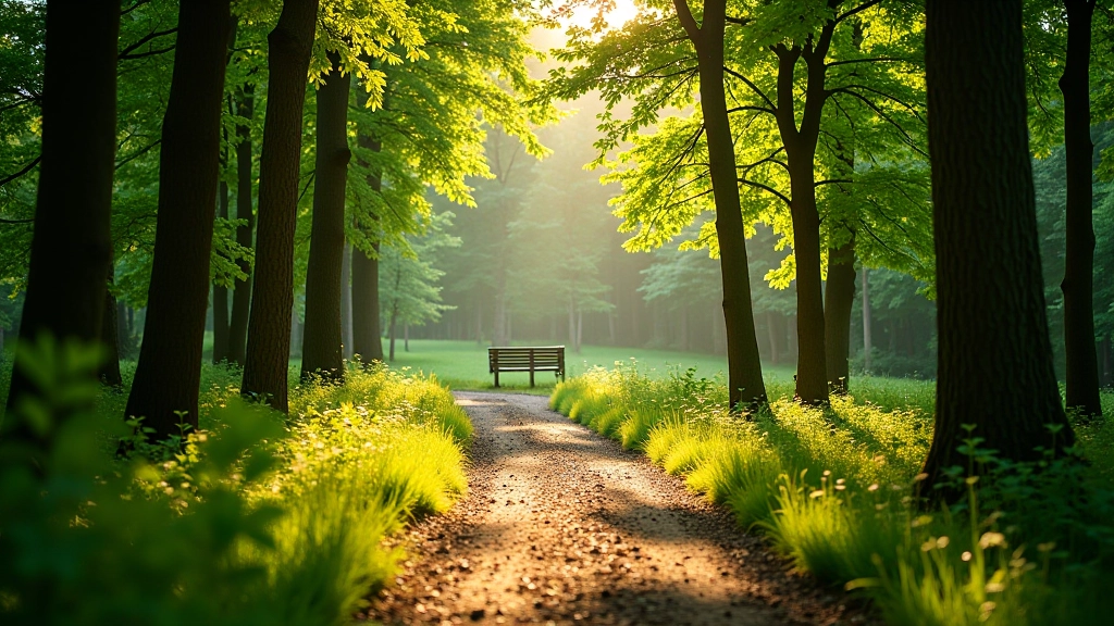 Peaceful forest pathway with dappled sunlight through tree canopy, wooden bench visible in middle distance