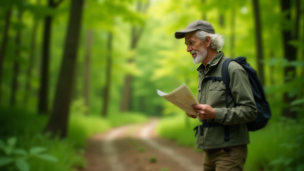 Hiker pausing on shaded forest path, checking trail map, bright green foliage above, peaceful natural setting