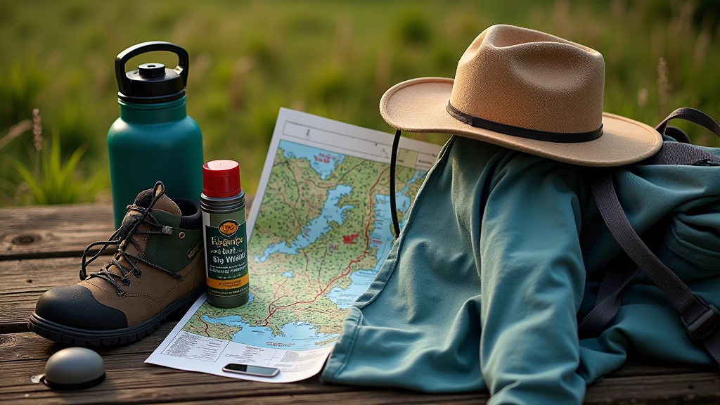 Trail hiking gear laid out neatly, water bottle, comfortable hiking boots, light layers, hat and map on natural wooden surface