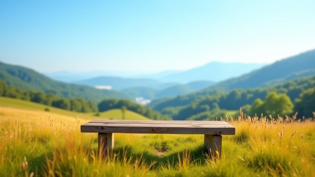 Scenic rest area with wooden bench overlooking wide meadow valley with distant hills and clear blue sky