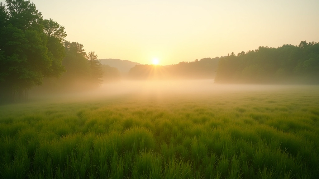 Morning mist over meadow with distant forest in Podyjí National Park