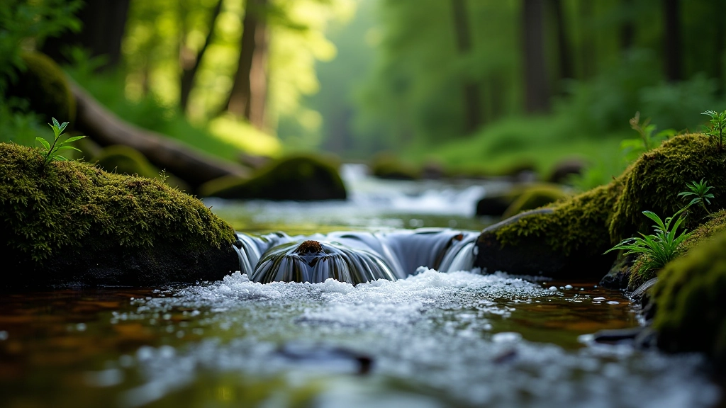 Small stream or water source near hiking trail with natural surroundings and rest area nearby