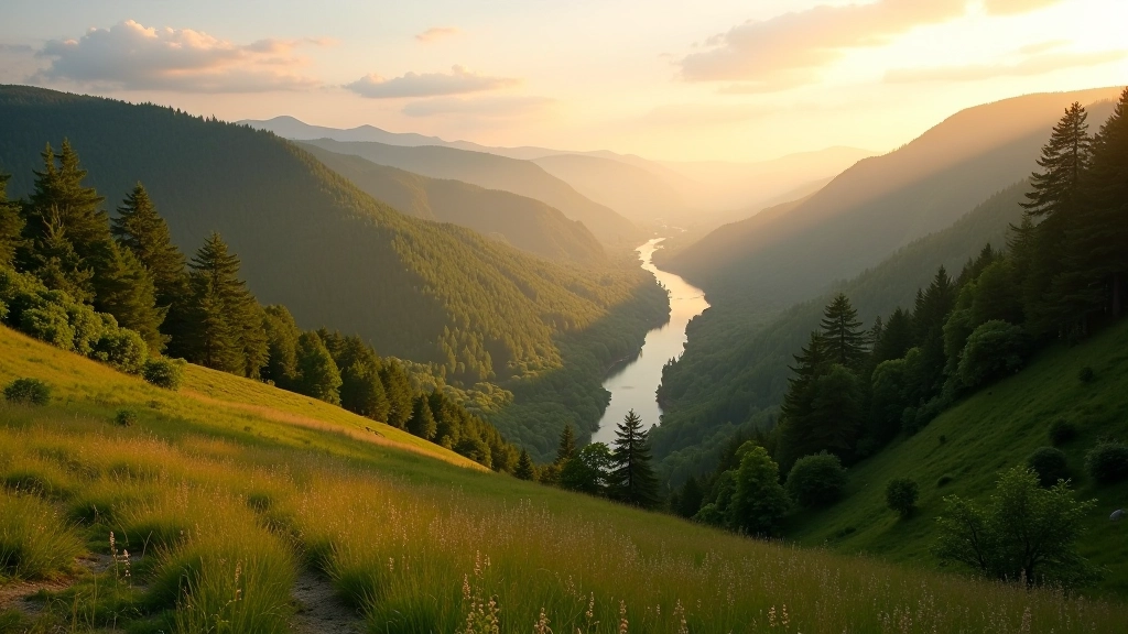 Scenic panoramic view of Podyjí National Park from elevated viewpoint at golden hour