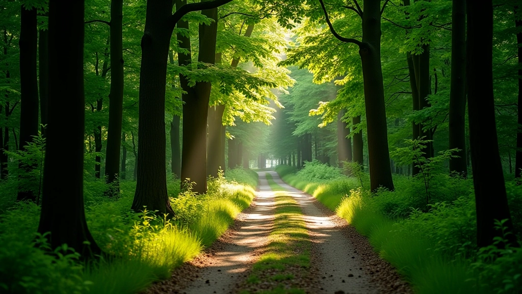 Peaceful forest path lined with tall trees creating natural canopy overhead