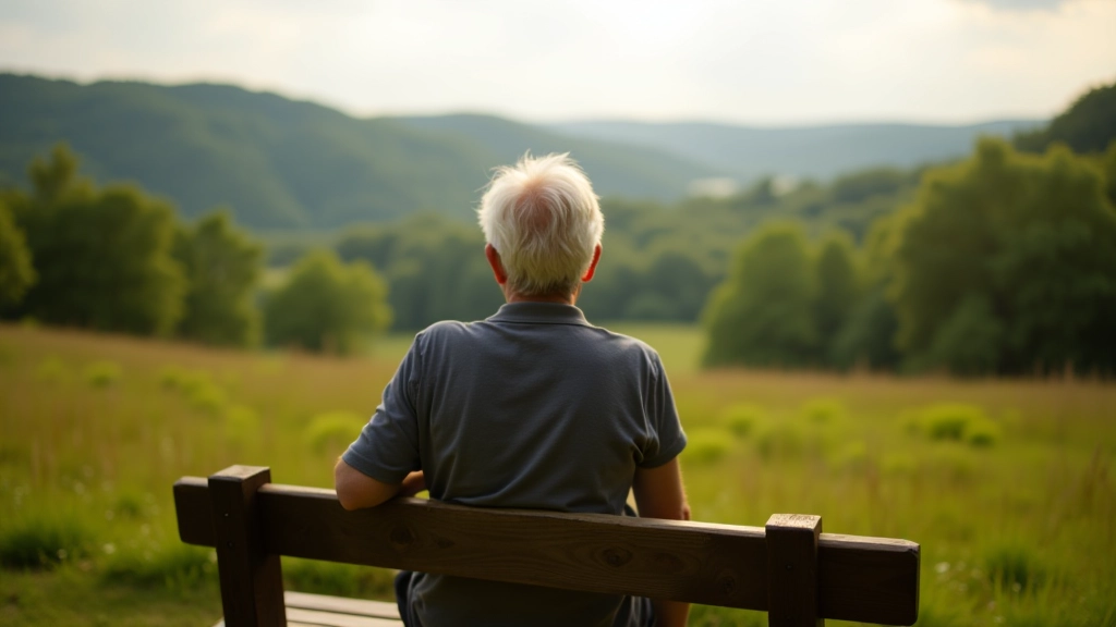 Person sitting on bench overlooking scenic landscape, peaceful moment in nature, contemplative pose