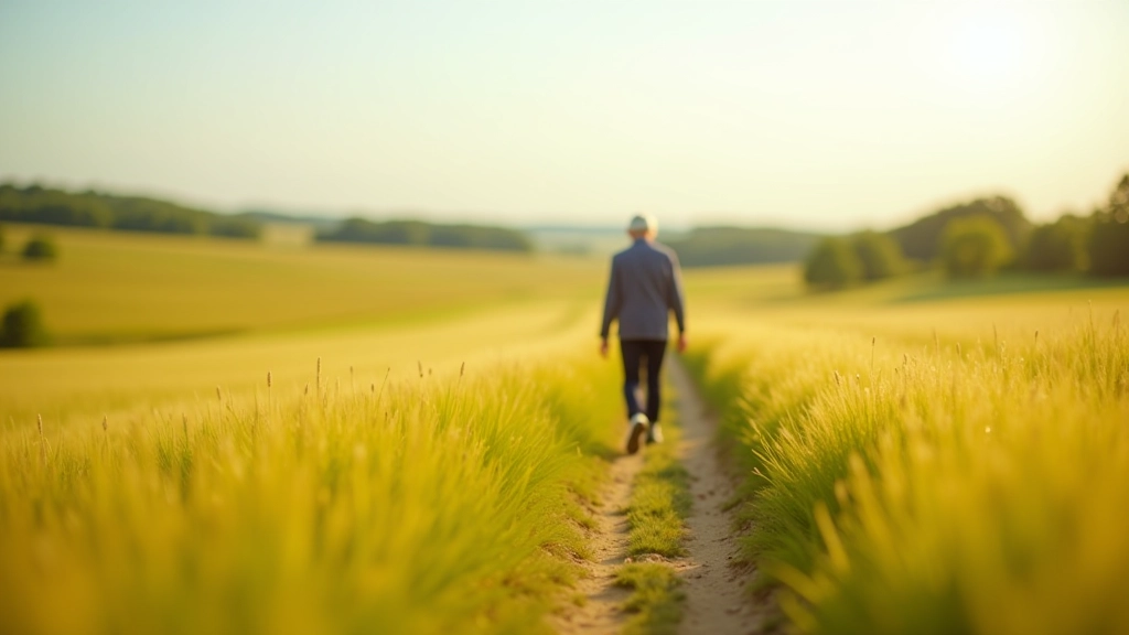 Person walking along a wide meadow path with long grass on both sides, warm afternoon sunlight creating long shadows
