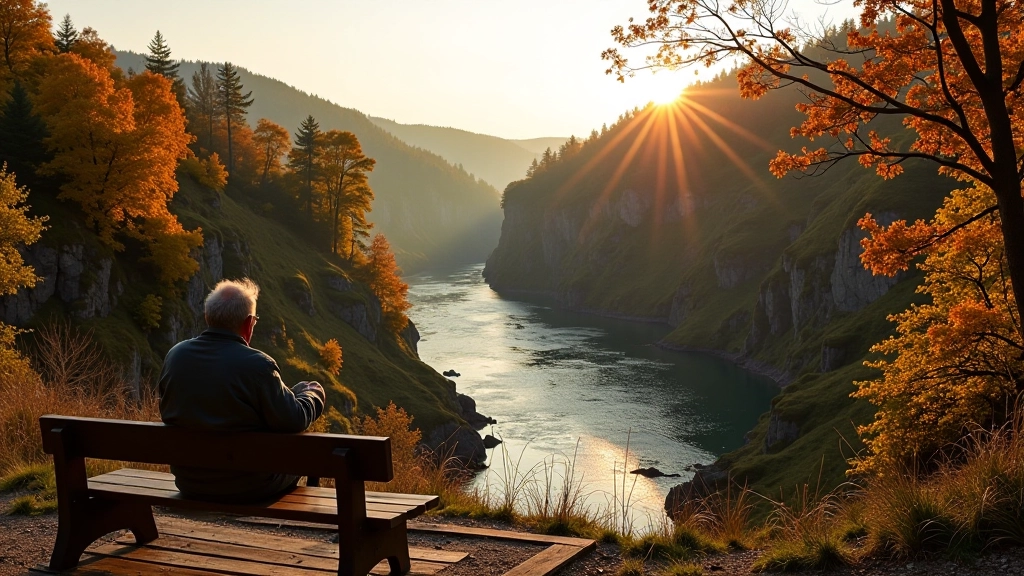 Canyon viewpoint with river winding through forested valley, wooden bench in foreground, late afternoon golden light