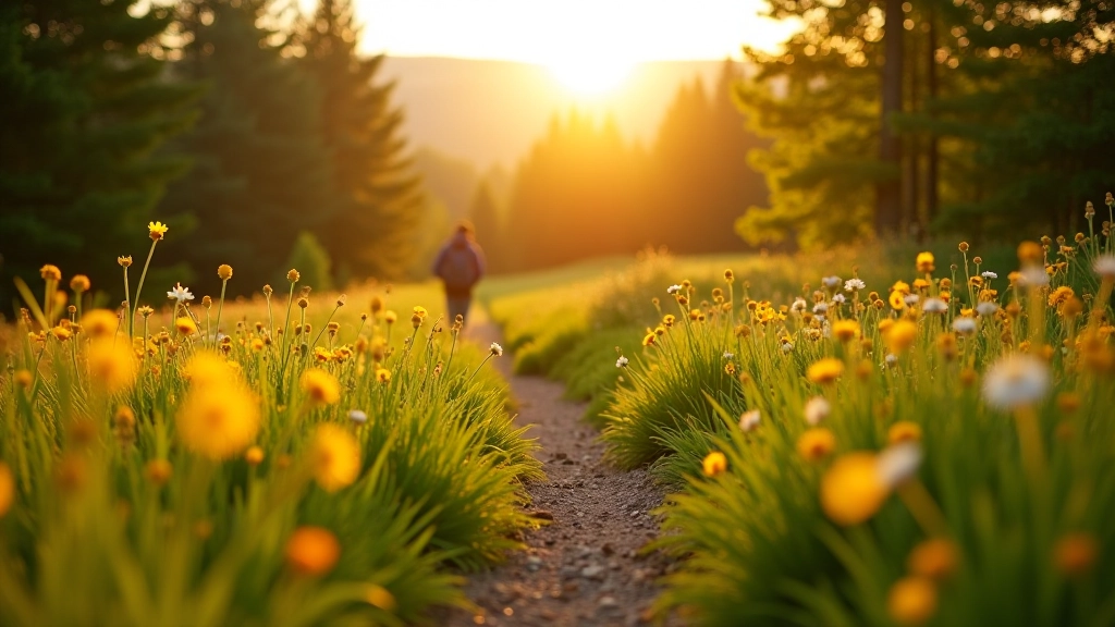 Beautiful meadow trail winding through natural landscape with wildflowers and distant forest