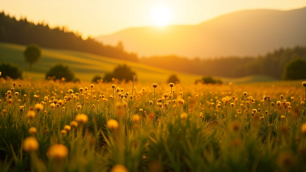 Panoramic view of rolling meadow landscape with wildflowers in bloom during late spring, golden hour lighting