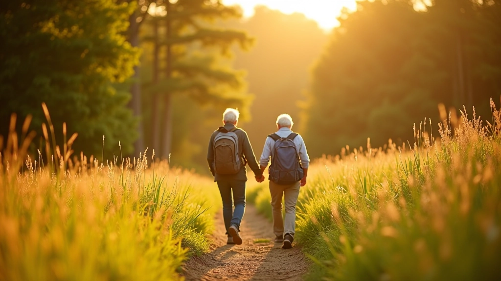 Mature adults walking together on a shaded forest trail surrounded by trees and natural light