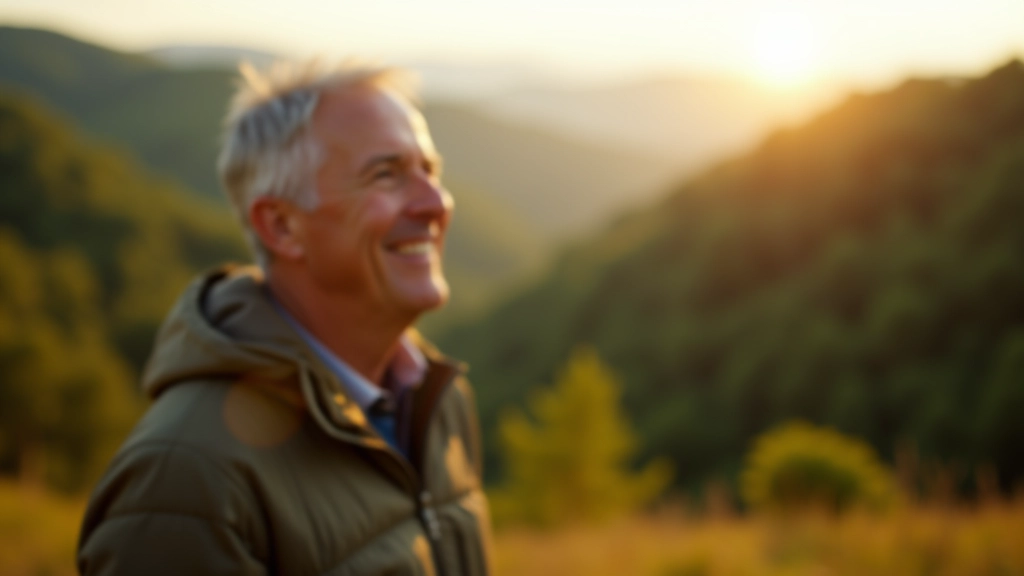 Senior hiker enjoying panoramic view from elevated meadow overlook in Podyjí National Park