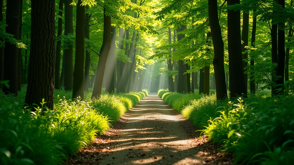 Forest path with walking trail, shade under trees, clear pathway marked for hiking