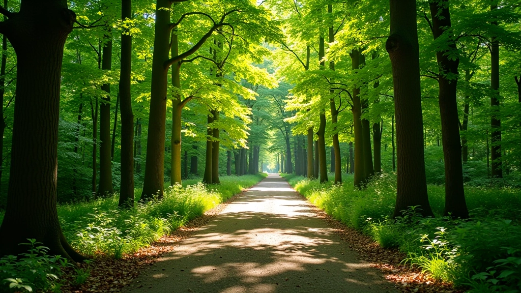Shaded forest trail with dappled sunlight filtering through tree canopy, well-maintained path with soft leaf coverage