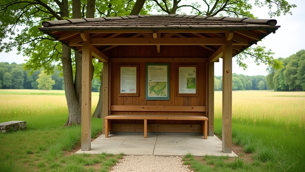 Sheltered rest pavilion with roof protection, wooden seating, and informational signs about local landscape features