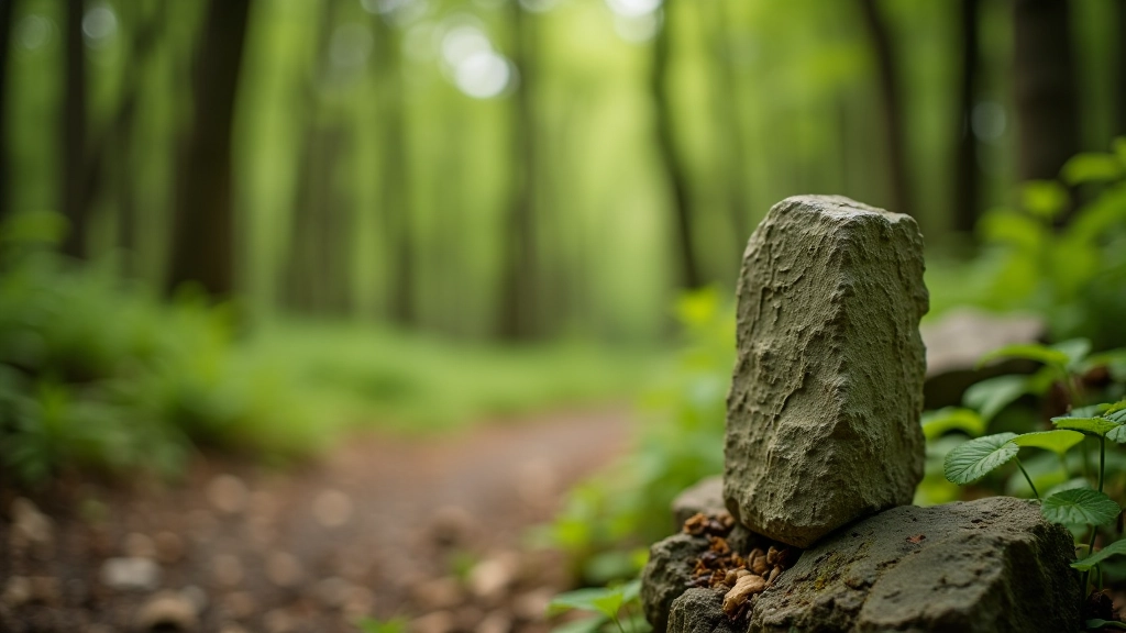 Stone trail marker on woodland path