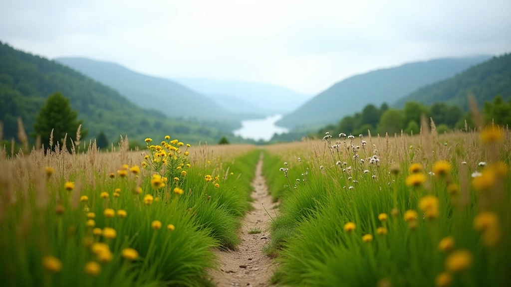 Scenic meadow pathway through golden grassland with distant river valley in Podyjí National Park
