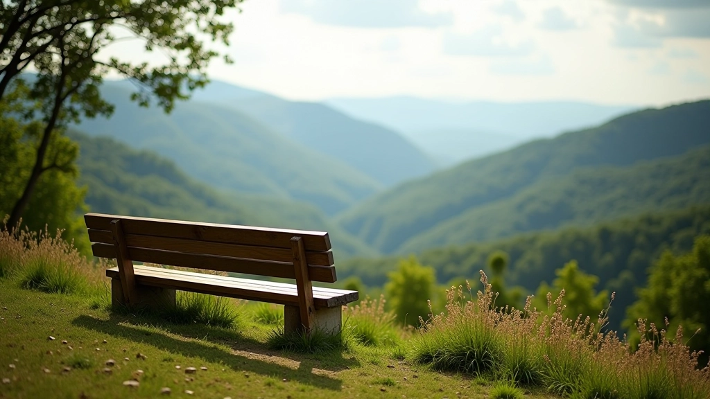 Wooden bench overlooking river valley at scenic viewpoint
