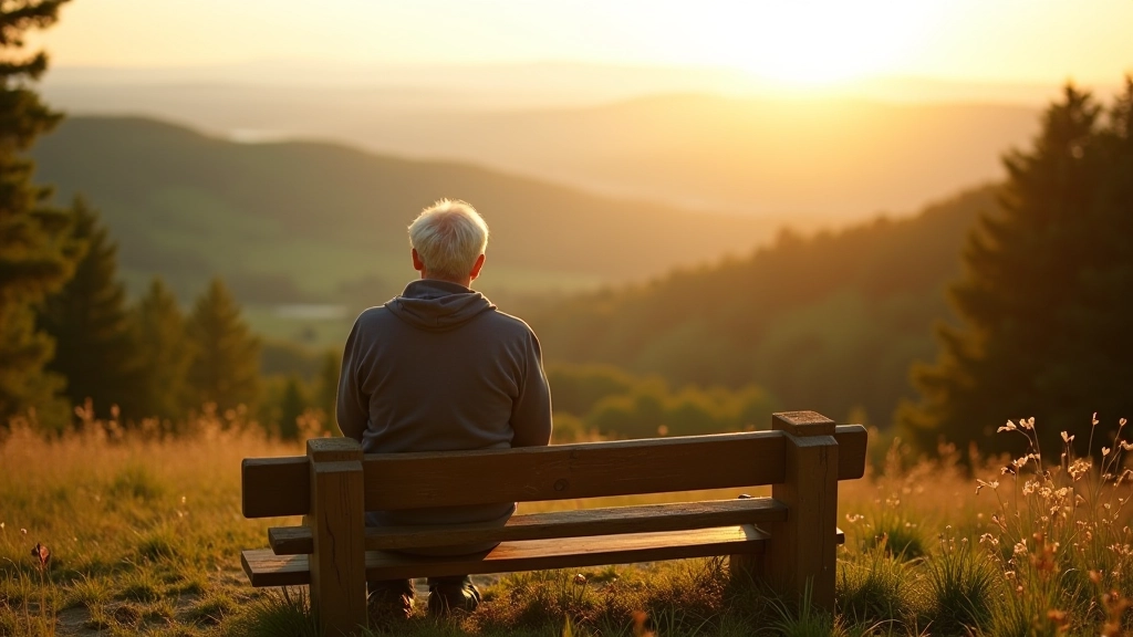 Scenic overlook point with sturdy wooden bench facing valley landscape during golden afternoon light
