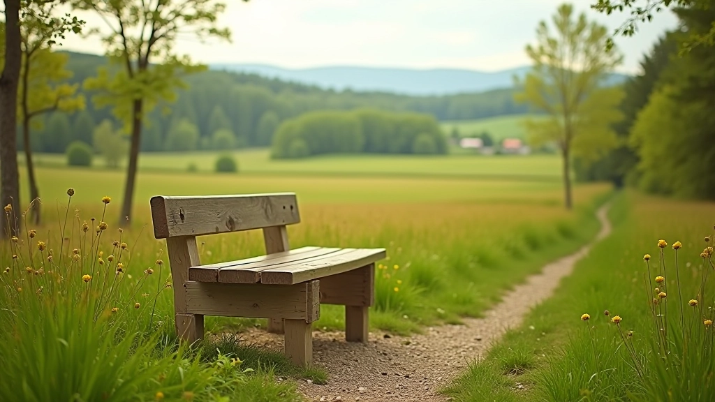 Wooden bench positioned along nature trail overlooking scenic landscape vista