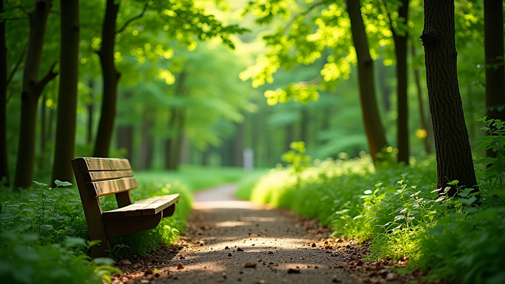 Rest bench on forest path overlooking small clearing, peaceful woodland scene, invitation to pause and relax
